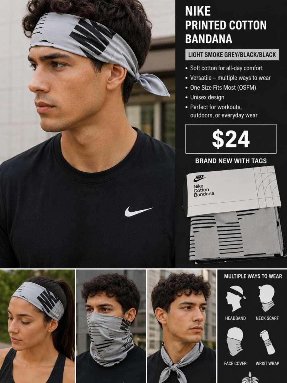 Nike Printed Cotton Bandana NWT – Light Smoke Grey/Black – OSFM